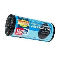 Мешки для мусора 120 л, с ушками, черные, в рулоне 30 шт., ПНД, 15 мкм, 1100х700 мм, Крепак, 4607075710375 в Борисоглебске